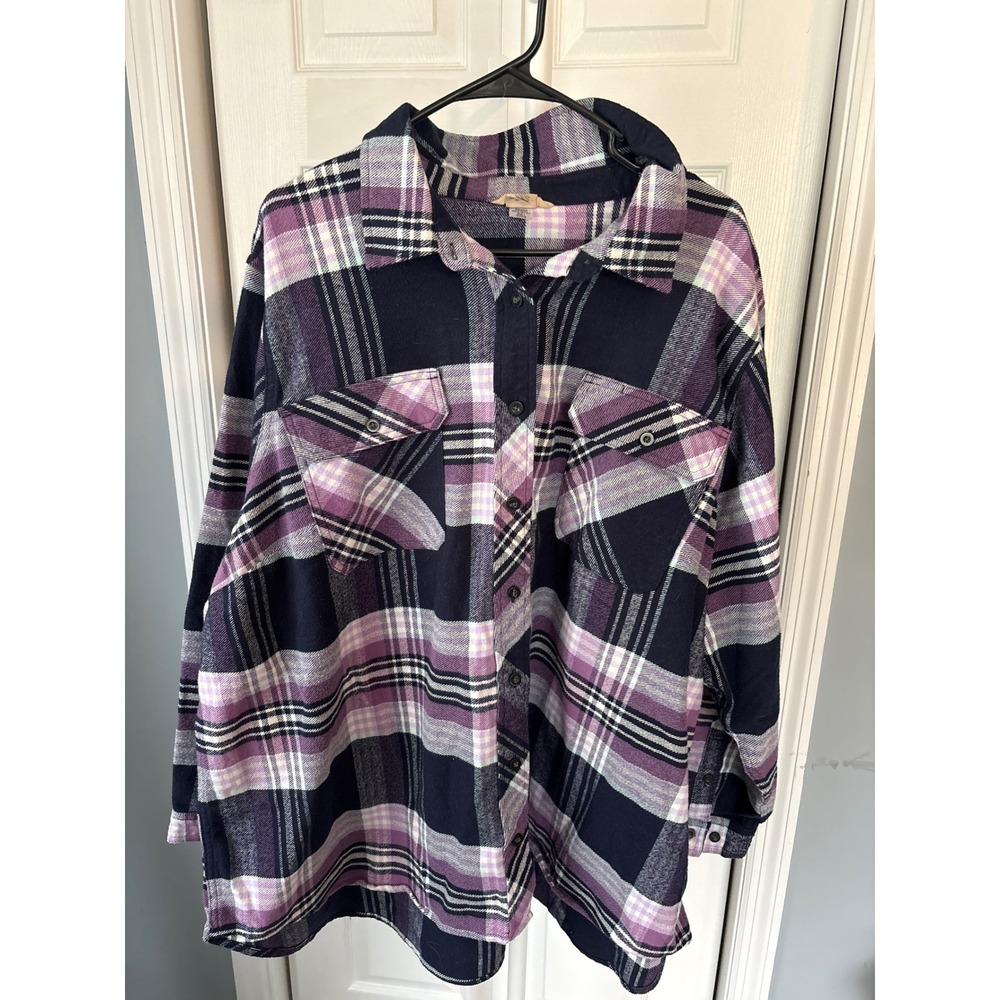 Duluth Trading flannel Shirt Womens 4X Purple Navy Plaid Long Sleeve Button Down